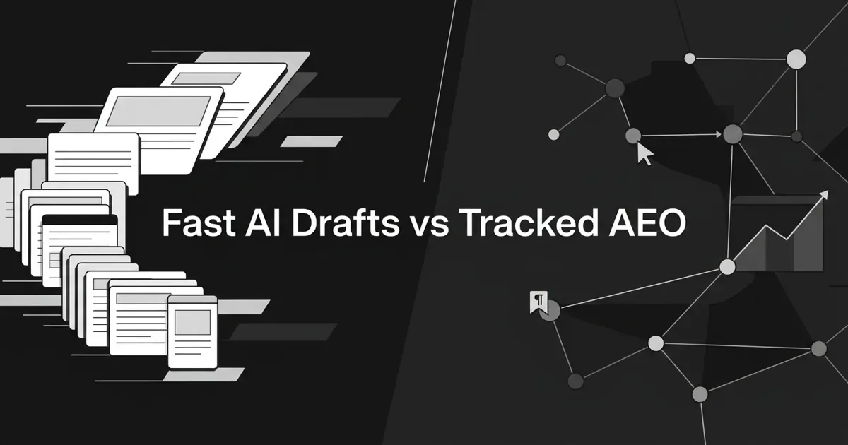 Monochrome illustration contrasting a stack of fast AI article drafts on the left with a network of nodes, citation markers, and a rising chart on the right, under the cover line Fast AI Drafts vs Tracked AEO.