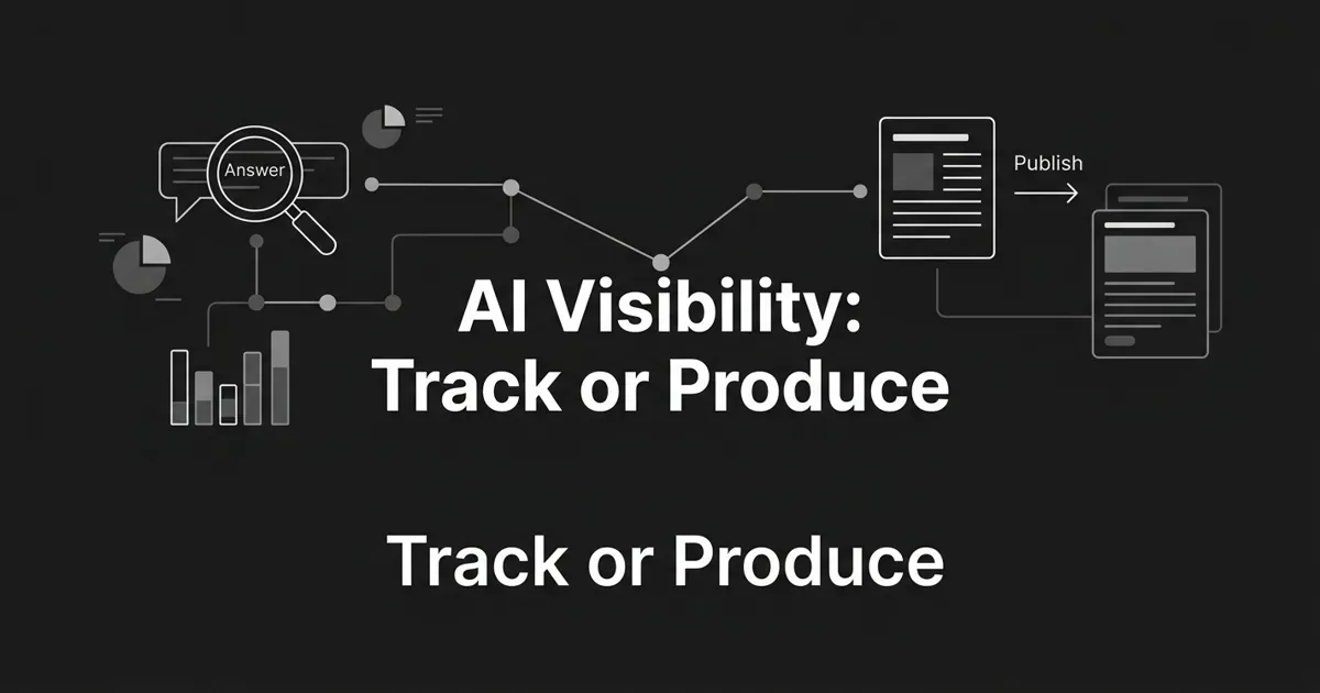 Monochrome charcoal cover with a split diagram of two diverging paths, a monitoring motif of charts and nodes on one side and a content production motif of layered article cards on the other, under the centered white cover line AI Visibility: Track or Produce.