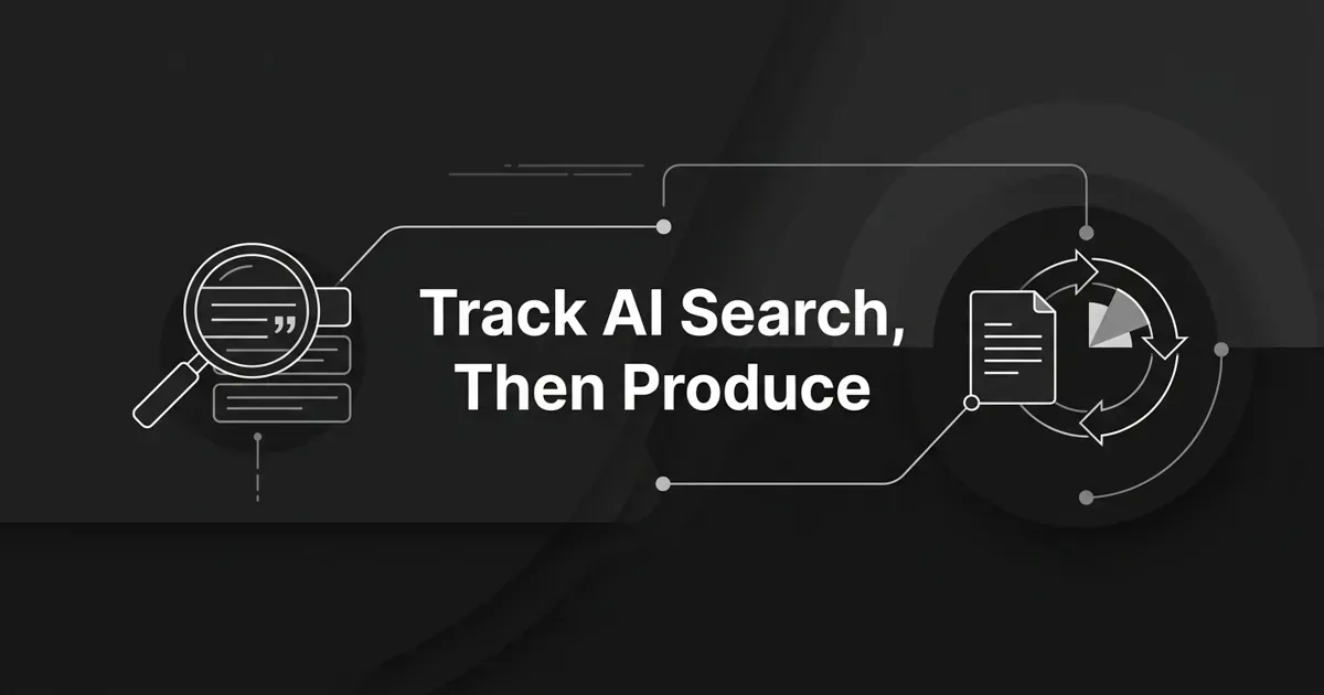 Monochrome geometric cover showing two linked nodes on a charcoal background, a search-and-citation motif connected to a content-production loop, under the white cover line Track AI Search, Then Produce.