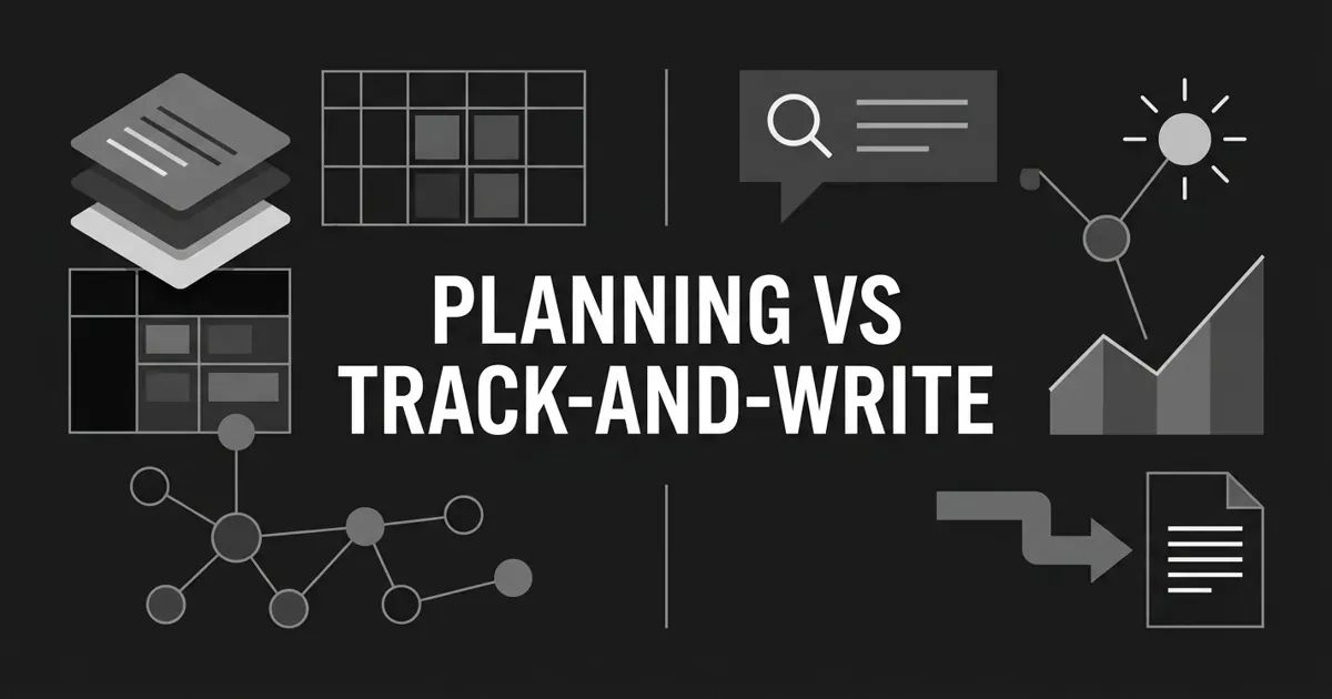 A monochrome two-panel cover illustration contrasting a content-planning motif of layered cards and a topic-map of nodes on the left with an AEO track-and-write motif of a search answer bubble, a lit citation node, and a rising trend line on the right, under the centered white cover line Planning vs Track-and-Write.