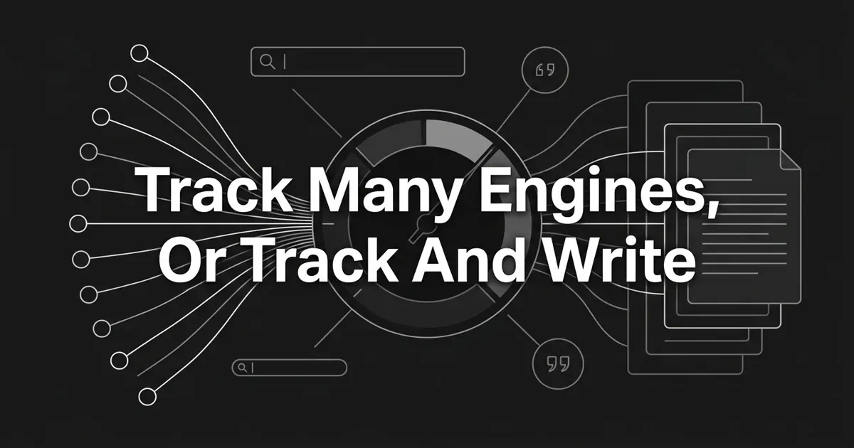 Monochrome abstract cover showing AI engine nodes feeding a measurement dial that flows into a stack of article cards, with the centered white cover line Track Many Engines, Or Track And Write.