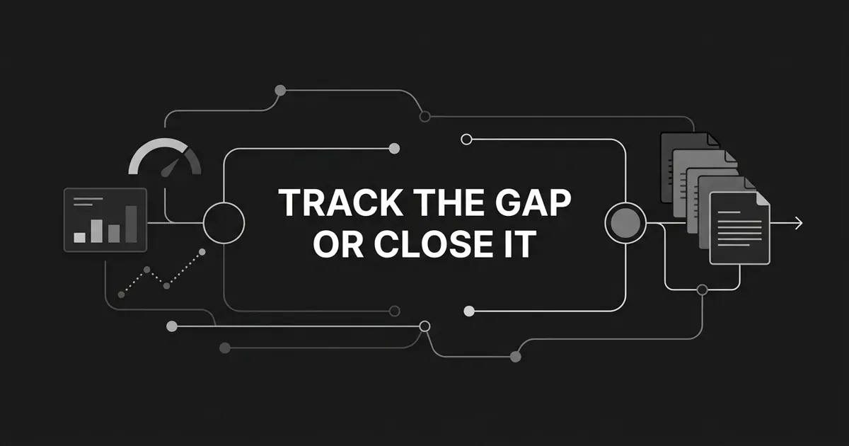 Monochrome abstract diagram on a charcoal background showing dashboard and chart fragments on one side connected by linework to a pipeline of document cards on the other, with the centered white cover line "Track the gap or close it".