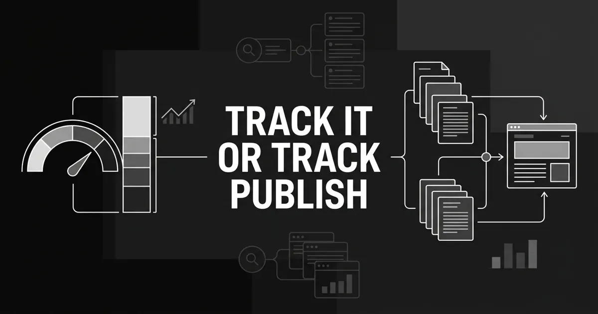 Monochrome abstract cover showing a share-of-voice gauge and competitor bars on one side connected by white linework to a pipeline of document cards flowing into a published page, with the centered cover line "Track it or track and publish".