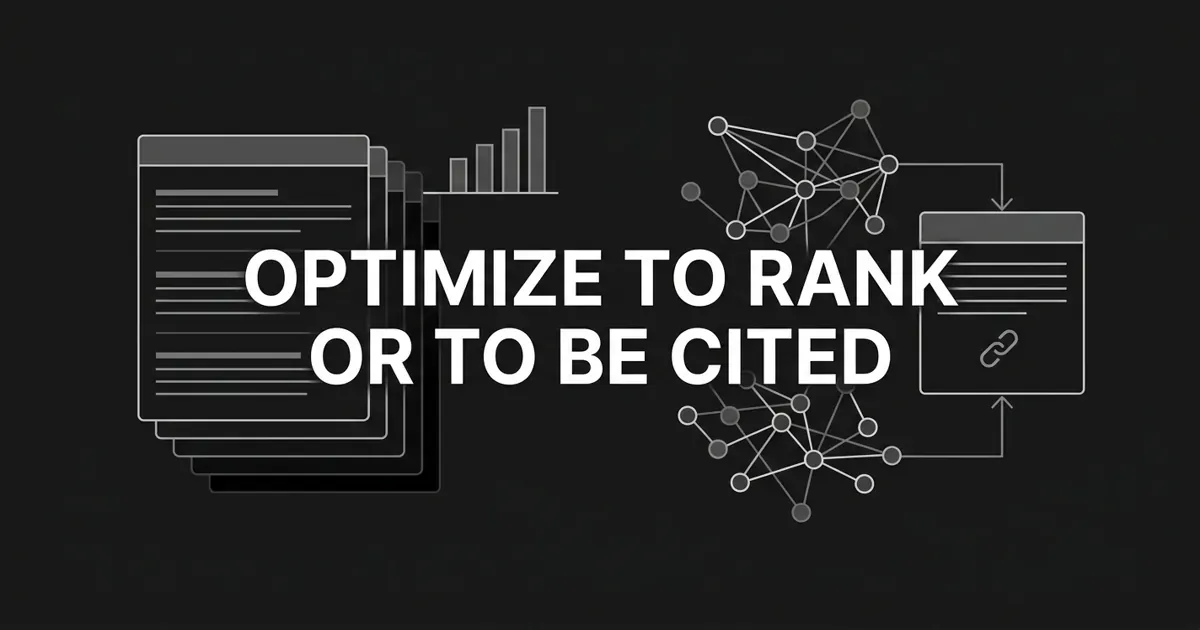 Monochrome geometric cover showing layered ranked-result cards on one side and a node cluster feeding an answer card with a citation glyph on the other, under the white cover line "Optimize to rank or to be cited".