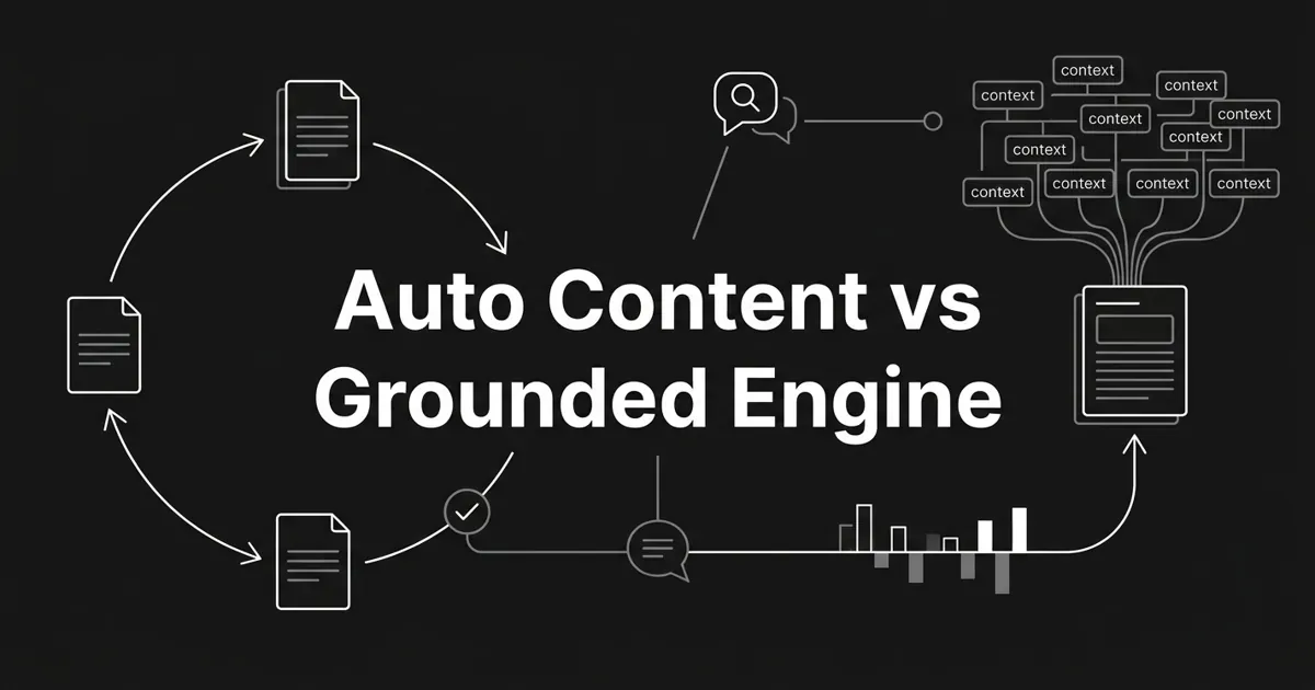 Monochrome abstract cover showing a fast publishing loop on one side and a cluster of brand-context blocks feeding a finished page on the other, under the centered white cover line "Auto Content vs Grounded Engine".