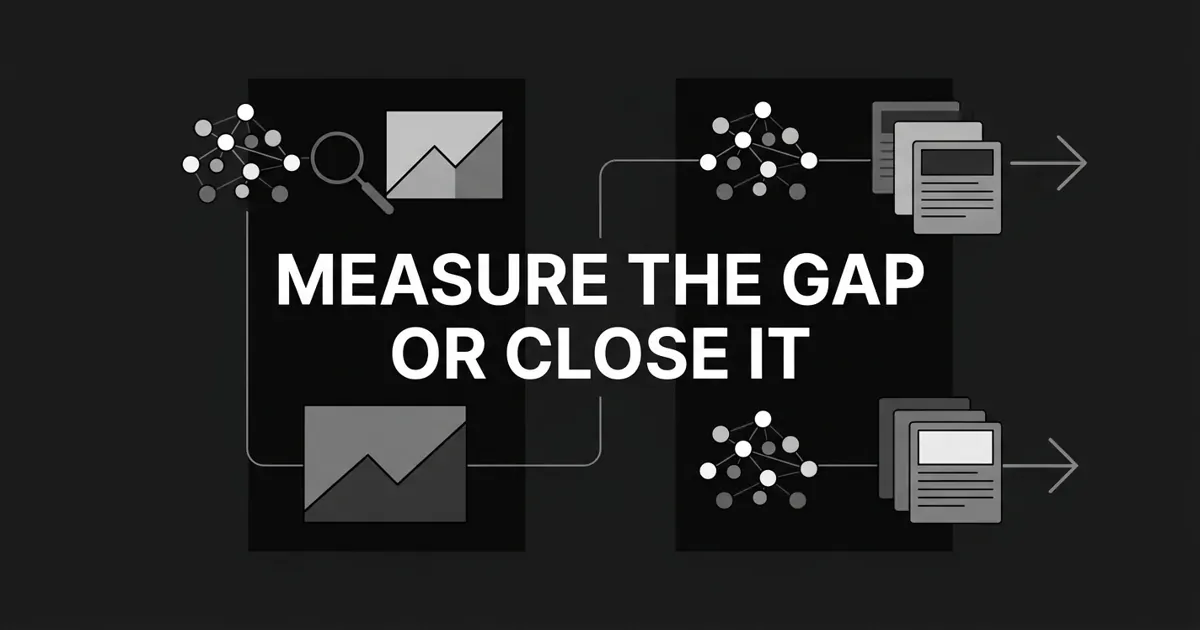 Monochrome charcoal cover with white and gray linework showing two columns, node clusters feeding a magnifier and chart fragments on the left and node clusters feeding stacks of article pages with publish arrows on the right, under the centered line Measure the Gap or Close It.