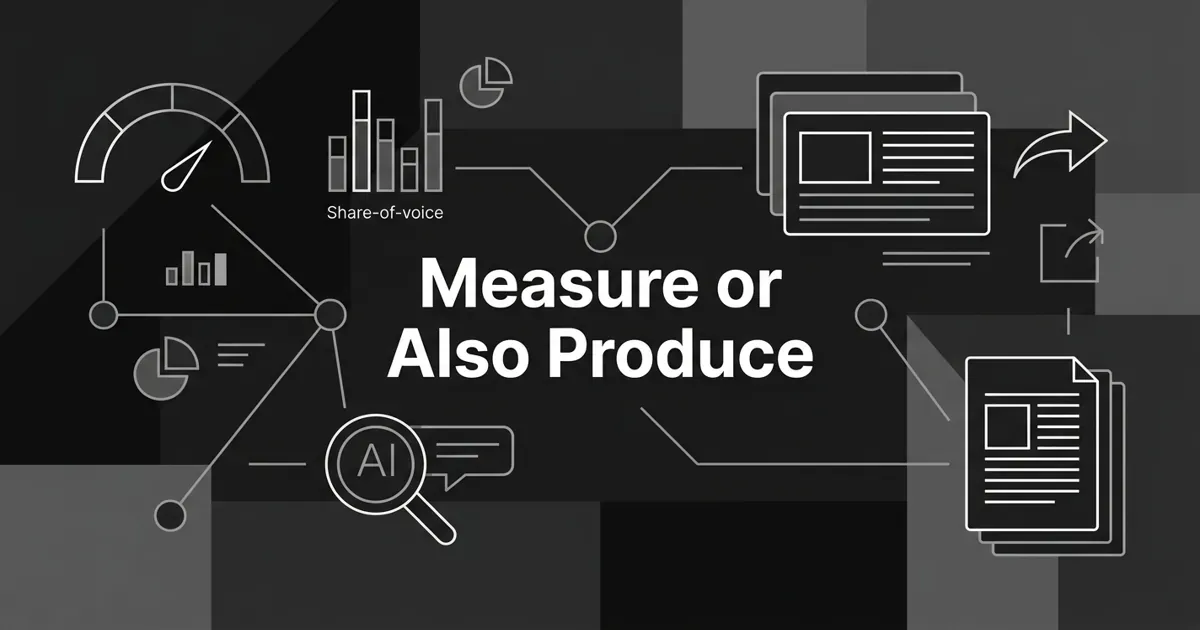 Monochrome charcoal cover showing an analytics motif of a gauge, share-of-voice bars, and connected nodes on the left flowing into a content-production motif of layered article cards and a publish arrow on the right, under the centered white cover line Measure or Also Produce.