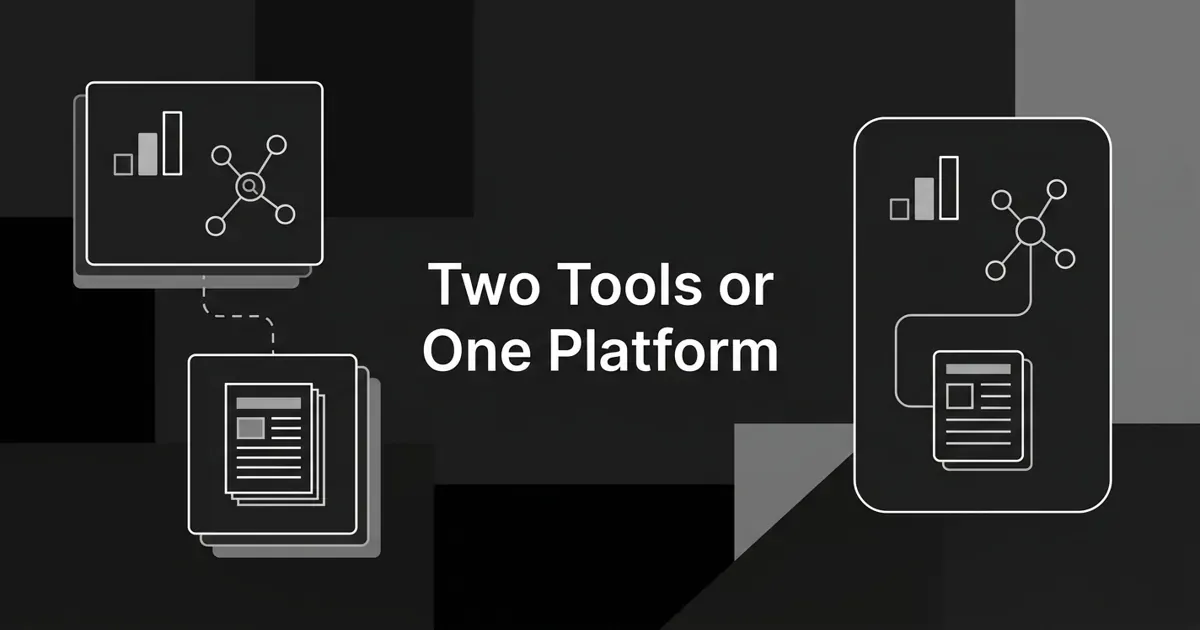 Monochrome charcoal cover contrasting two separate cards, an analytics chart-and-node card linked by a broken dashed line to a stacked-article card, against a single unified card where the same analytics and article motifs are joined by one continuous connector, under the centered white cover line Two Tools or One Platform.