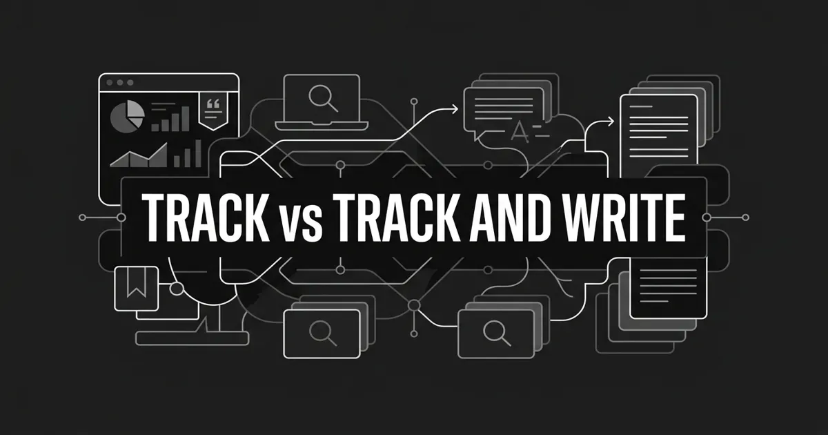 Monochrome geometric cover showing two mirrored AI-search node clusters, one a citation-tracking dashboard and one a content pipeline, under a white cover line reading Track vs Track and Write.
