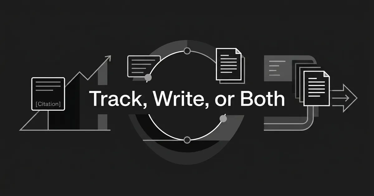 Monochrome diagram on a charcoal background showing a citation card with a rising trend line on the left, a stack of documents flowing into an arrow on the right, and a closed loop joining the two in the centre, under the cover line Track, Write, or Both.