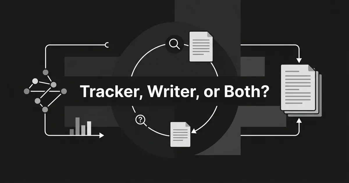 Monochrome charcoal cover with the centered white cover line Tracker, Writer, or Both, flanked by a node-and-bar-chart measurement diagram on the left, a stack of document cards on the right, and a closed circular loop joining a search glyph to a document behind the text.