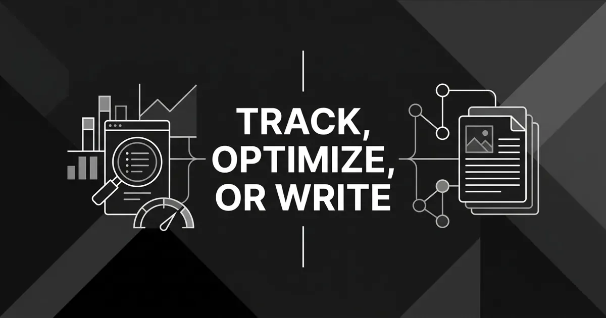 Monochrome charcoal cover split by a thin white line, with a rank-tracking cluster of charts and a gauge on one side and a node-to-document production cluster on the other, under the white cover line Track, Optimize, or Write.