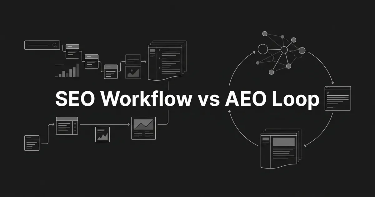 Monochrome abstract cover showing a stepped content pipeline on one side and a closed loop of nodes feeding a citation panel on the other, under the centered white cover line SEO Workflow vs AEO Loop.