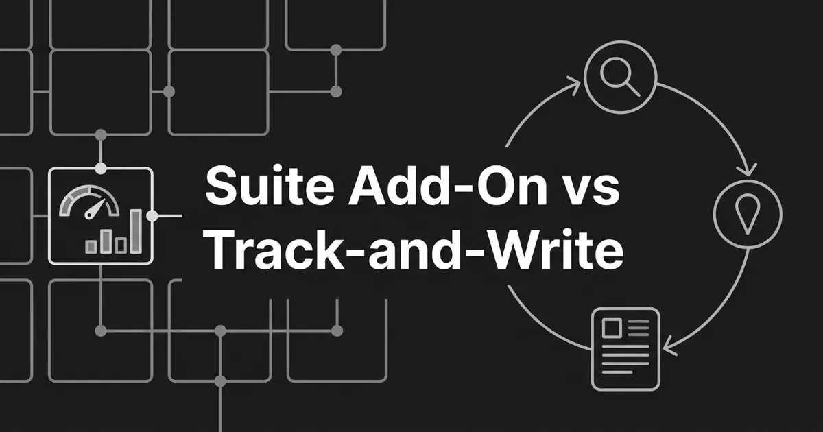 Monochrome abstract cover with the centered white cover line Suite Add-On vs Track-and-Write, showing a measurement tile slotted inside a larger grid of suite modules on one side and a closed loop of search, gap, and document nodes on the other.