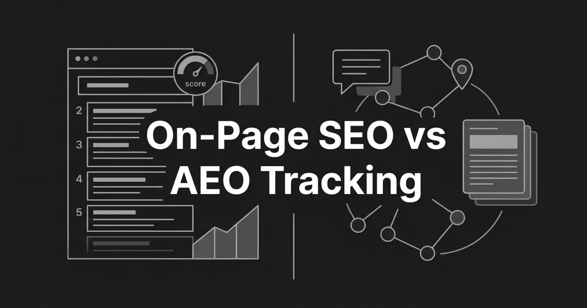 Monochrome abstract cover with the centered white cover line On-Page SEO vs AEO Tracking, showing a numbered search-results list with a score gauge and chart fragments on one side of a thin divider and a connected node loop running from a chat answer bubble through a citation pin into a stack of document cards on the other.