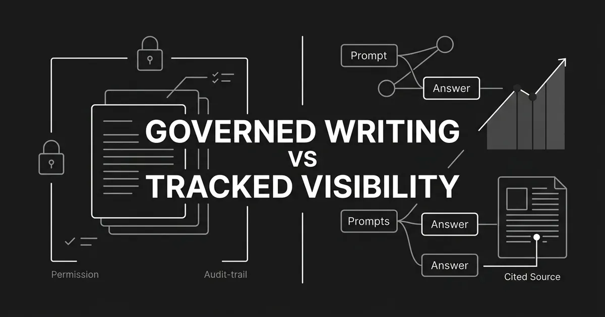 Monochrome charcoal cover split by a thin white line, with locked document cards and audit-trail marks on one side and a prompt-to-answer node diagram feeding a rising citation trend and a cited source page on the other, under the cover line Governed Writing vs Tracked Visibility.