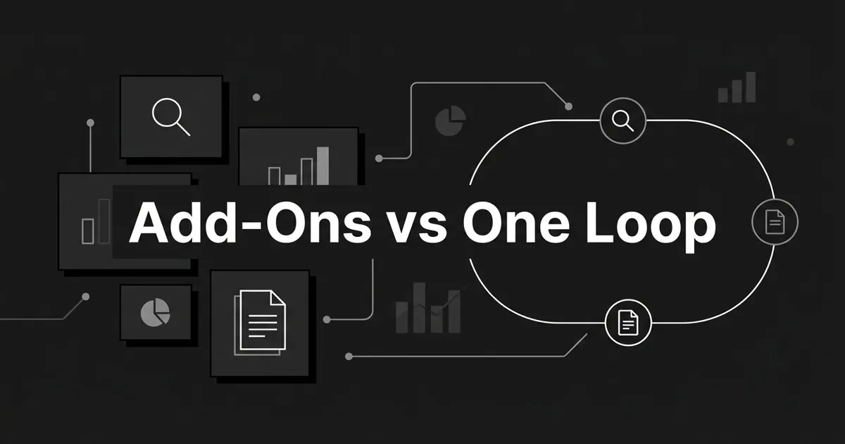Monochrome charcoal cover with the centered white cover line Add-Ons vs One Loop, showing scattered disconnected module cards on the left and a single closed circuit loop joining a search node and a document node on the right.