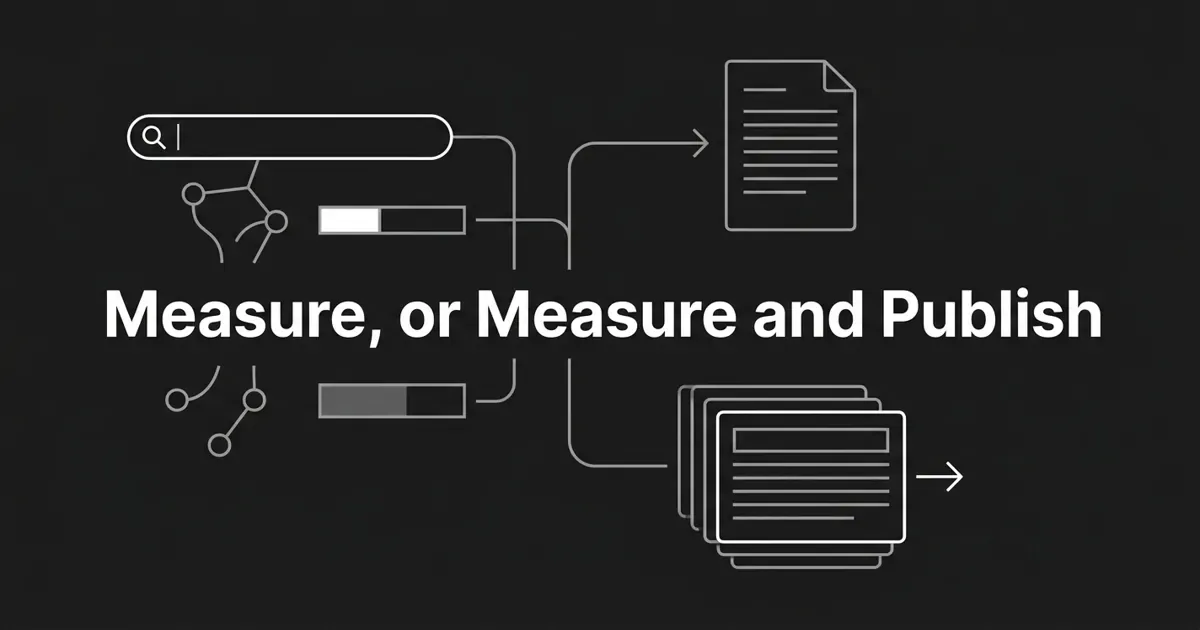 Monochrome charcoal cover with white linework showing a search bar, connected nodes, and share-of-voice bars branching into an outline brief document above and a stack of finished article cards with a publish arrow below, under the centered white cover line Measure, or Measure and Publish.