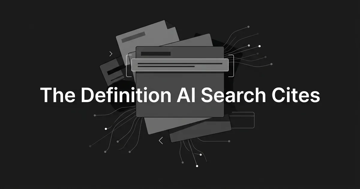 Monochrome abstract-geometric illustration of a highlighted definition card with one line of text being lifted out by connection lines and nodes, under the centered white cover line The Definition AI Search Cites.