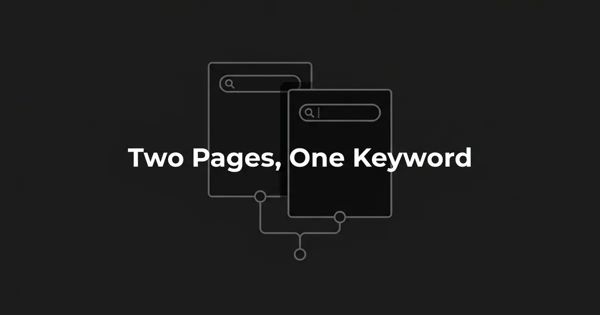 Two overlapping abstract page icons, each with a search bar, converging down to one shared node, illustrating two pages competing for one keyword.