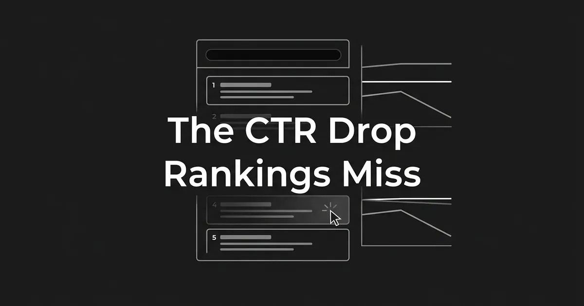 A monochrome illustration of a ranked search results list next to declining line charts, with a faded cursor over one result row, representing a click-through rate drop despite steady rankings.