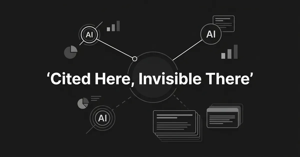 Monochrome abstract diagram of a central brand node connected to three AI answer-engine nodes, one link solid and the others broken, under the cover line Cited Here, Invisible There.