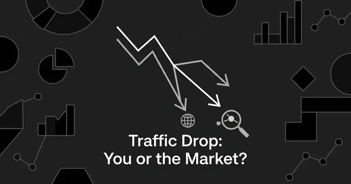A declining traffic line chart splits into two paths, one toward a globe icon for market forces and one toward a magnifying glass for a site-specific cause, on a monochrome background with the text Traffic Drop: You or the Market?