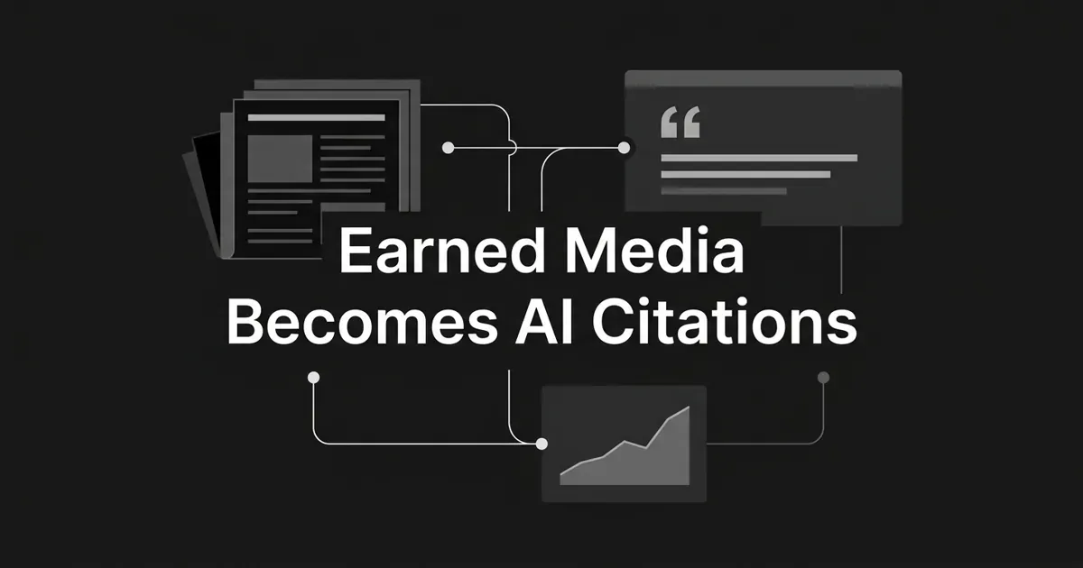 Monochrome diagram on a charcoal background showing stacked news article cards connected by thin lines to an AI answer panel with a quote mark and a rising citation chart, under the cover line Earned Media Becomes AI Citations.