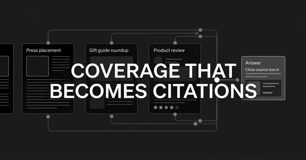 Monochrome abstract-geometric cover showing press, gift guide, and product review cards on a charcoal background, thin white connector lines carrying one highlighted node into an AI answer panel with a cited source, behind the centered white cover line COVERAGE THAT BECOMES CITATIONS.