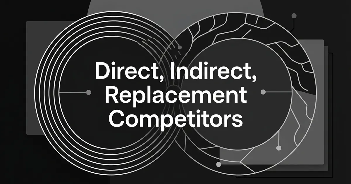 Two overlapping circles in monochrome line art, one made of tight concentric rings and one made of a branching root-like path, illustrating direct, indirect, and replacement competitors as different routes to the same center.