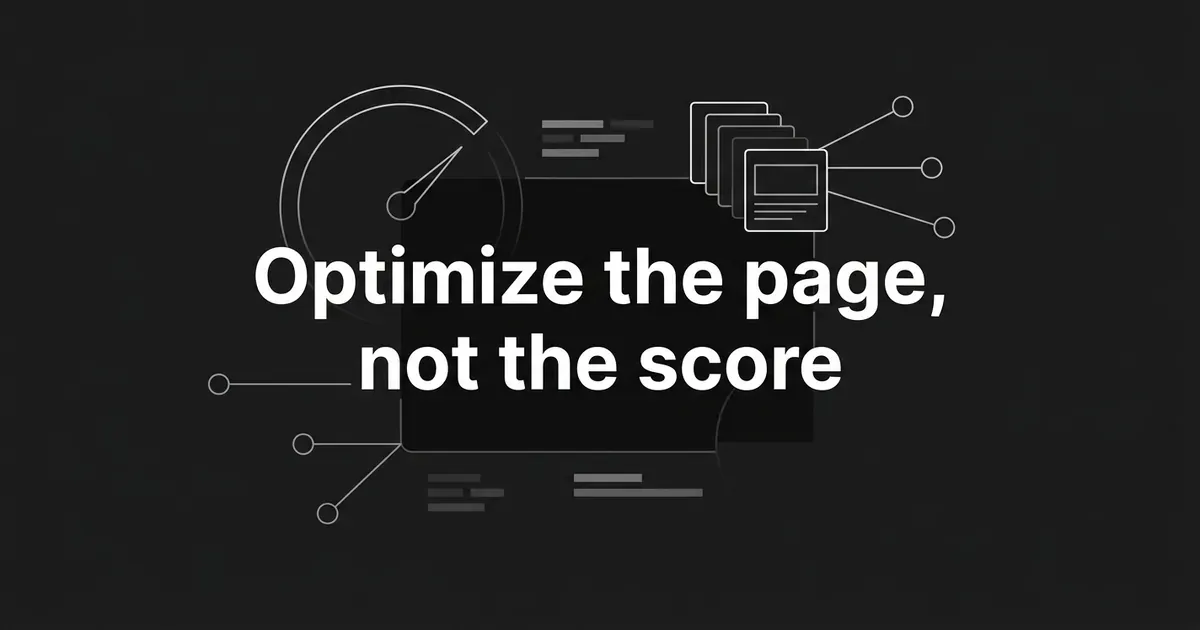 A monochrome cover reading 'Optimize the page, not the score', with a faded gauge dial on one side and layered document cards linked to source nodes on the other.