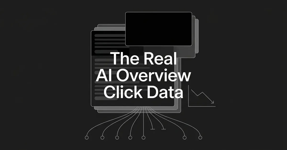 An abstract monochrome illustration of a search results page beside a dark AI Overview panel, with thin connector lines running from the results to small nodes and a small declining line chart to one side, under the cover line The Real AI Overview Click Data.