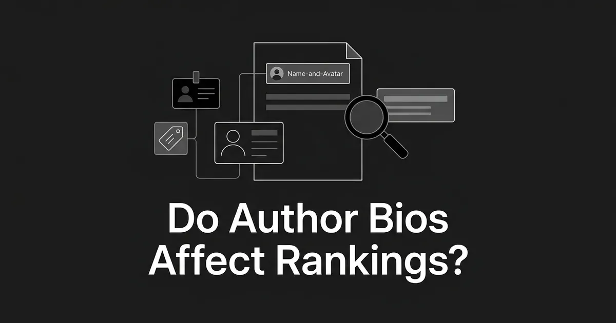 A monochrome illustration of an identity card and an author profile card linked by thin lines to a document page, with a magnifying glass hovering nearby, next to the text Do Author Bios Affect Rankings.