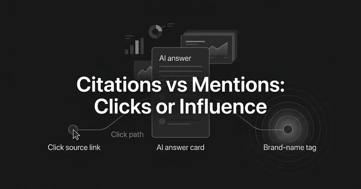 Monochrome flat-vector diagram of an AI answer card branching into two paths, a clickable source link on one side and a glowing brand-name mention on the other, under the cover line Citations vs Mentions: Clicks or Influence.