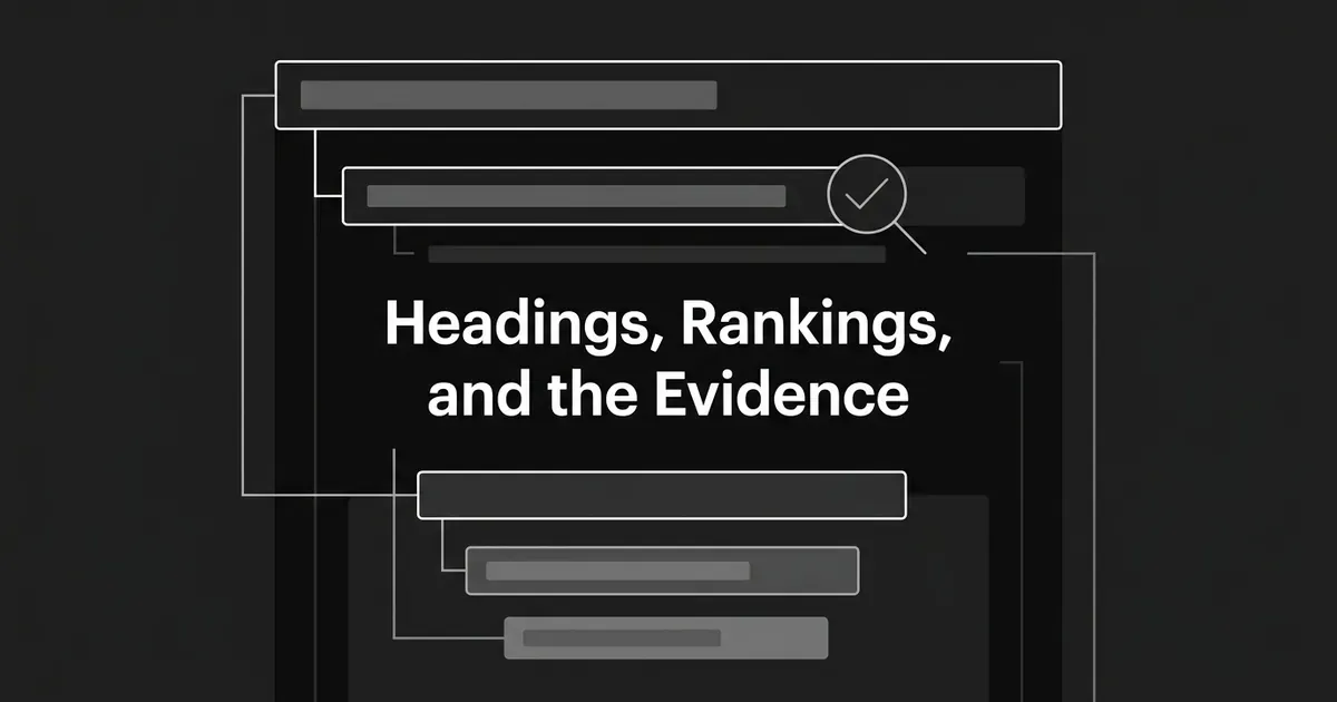 A monochrome illustration of a nested document heading hierarchy with a checkmark inside a magnifying glass, beside the cover line Headings, Rankings, and the Evidence.