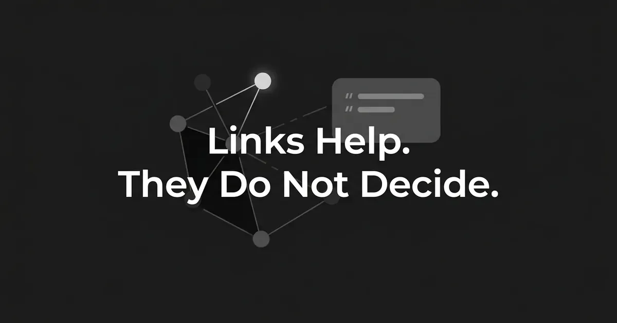 A monochrome abstract cover showing a small cluster of connected site nodes joined by a faint, broken line to an answer card, under the cover line Links Help. They Do Not Decide.