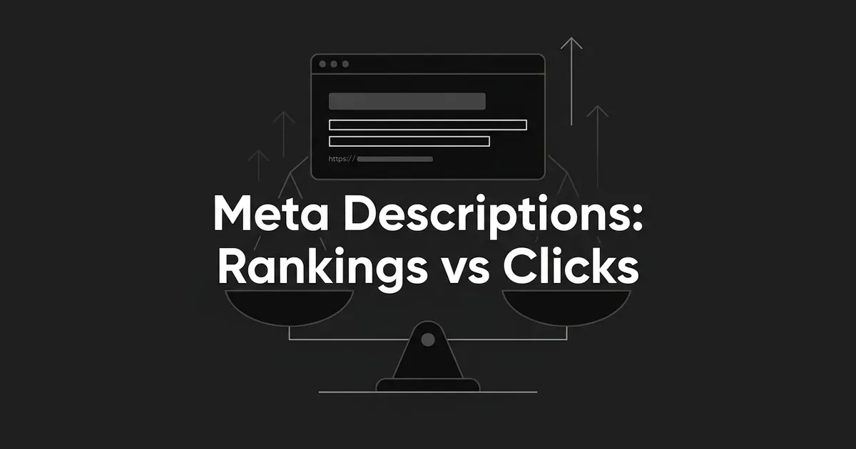 A monochrome illustration of a search result card balanced on a scale above upward arrows, with the text Meta Descriptions: Rankings vs Clicks.