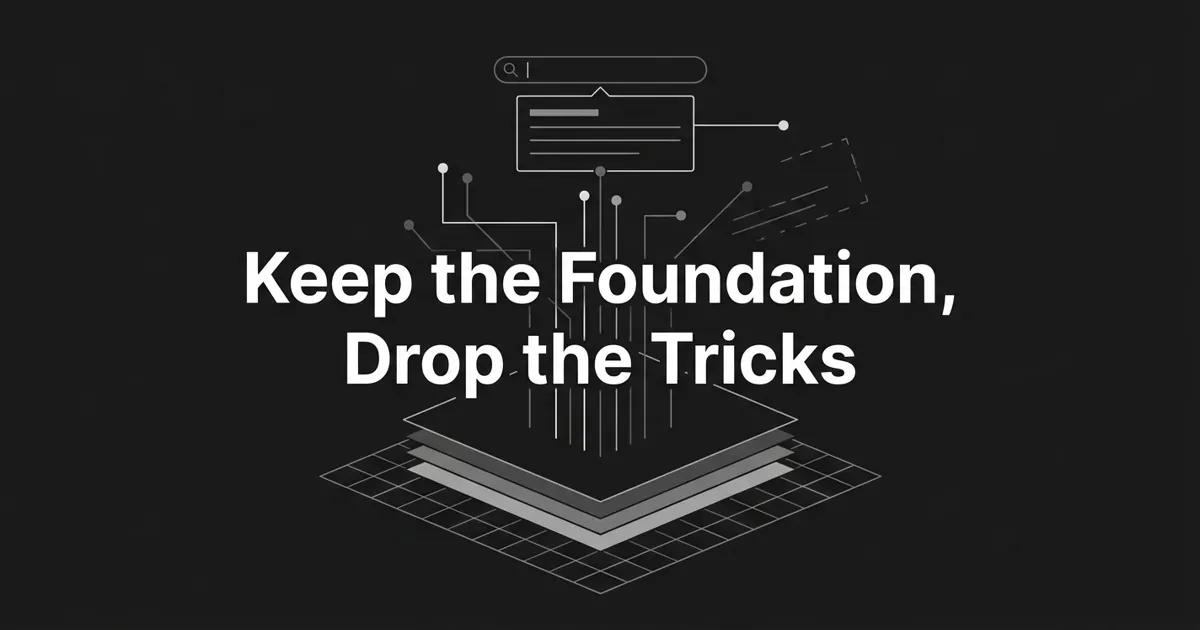 Monochrome abstract-geometric cover with the centered white cover line 'Keep the Foundation, Drop the Tricks' above stacked layered cards and connection lines rising to a cited answer block, with faint discarded linework fragments to one side.