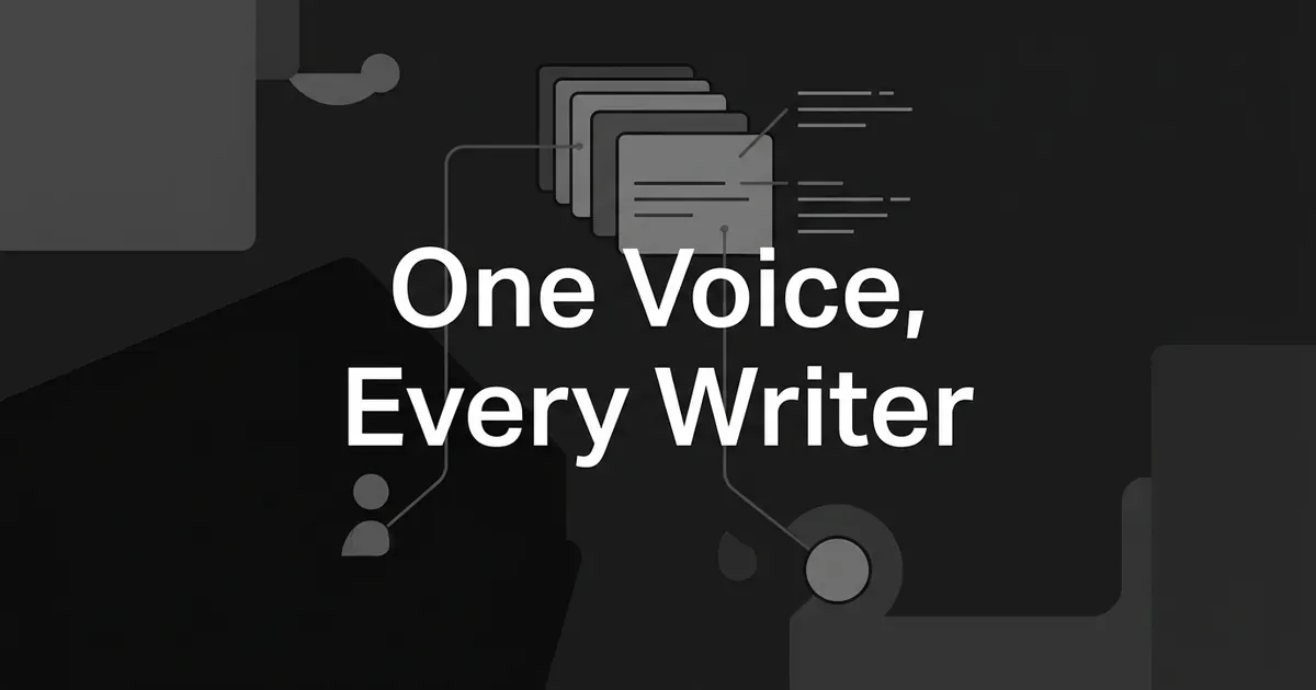 Monochrome illustration of a stack of layered rule cards connected by lines to a human figure icon and an AI node icon, with the cover line One Voice, Every Writer.