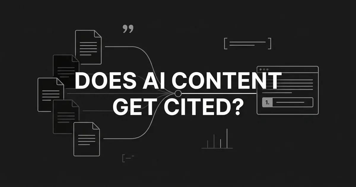 Monochrome line illustration of document cards feeding connection lines into a single node that links out to an answer panel with a numbered source slot, behind the white cover line "Does AI content get cited?"