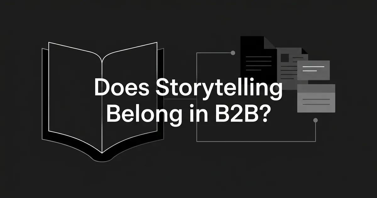 Monochrome flat-vector illustration on a charcoal background showing an open book outline on the left, connected by thin gray lines to a stack of document and card shapes on the right, with the white headline text 'Does Storytelling Belong in B2B?' centered over the book.