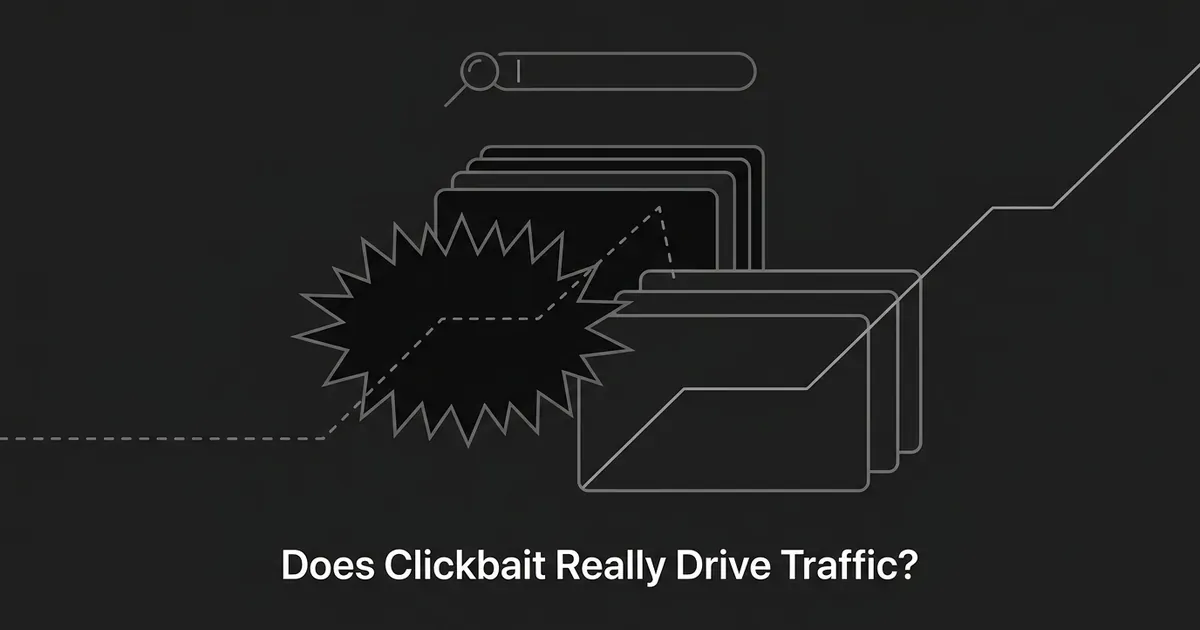 Abstract monochrome illustration of a spiky burst labeled with a short dashed line that spikes and drops, next to a stack of calm rectangular cards with a solid line trending steadily upward, symbolizing clickbait's short-lived traffic spike versus sustained organic growth, with a search bar icon above and the headline Does Clickbait Really Drive Traffic.