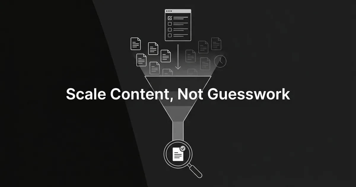 A funnel diagram in white line art on a dark background shows a scattered batch of document icons pouring toward a checklist page, with most documents fading out along the way and only one checkmarked page passing through into a magnifying glass, next to the words Scale Content, Not Guesswork.