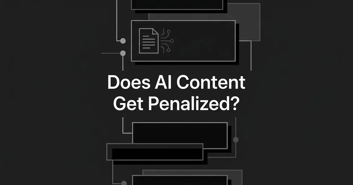 A stack of layered search-result cards connected by thin lines and nodes, one card marked with a document and circuit icon, with the words Does AI Content Get Penalized centered over them on a dark charcoal background.