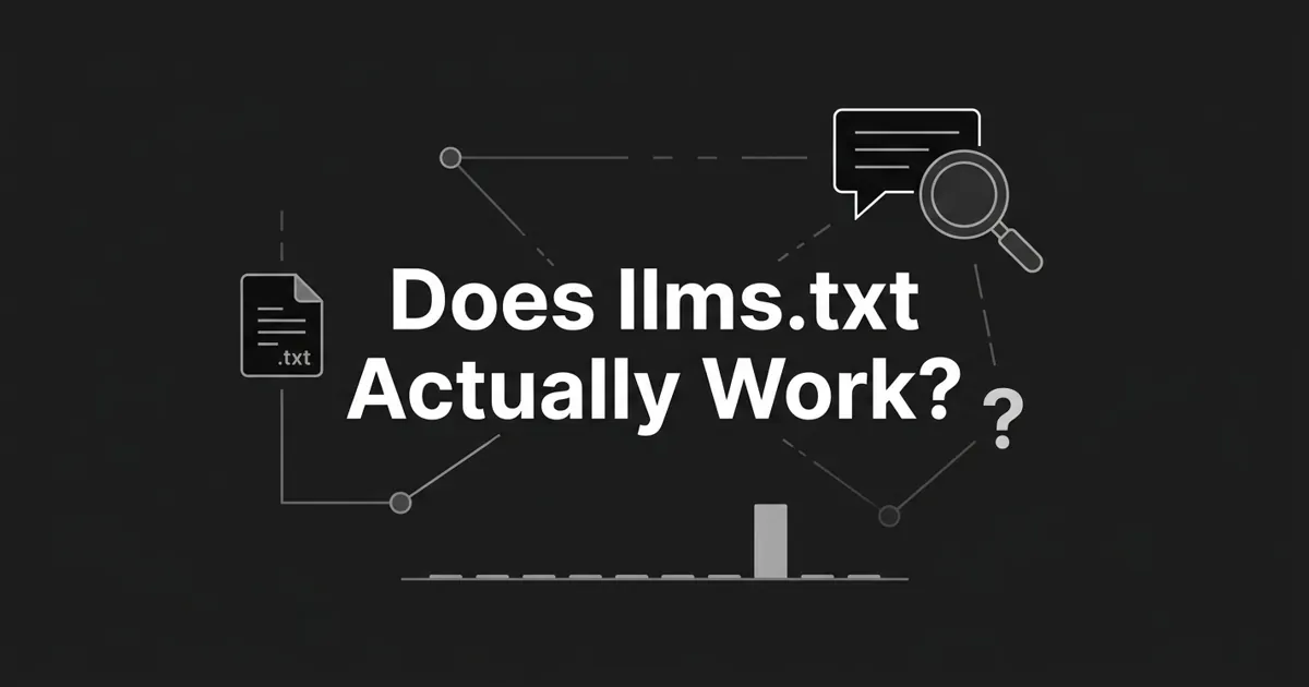 A monochrome abstract-geometric cover reading Does llms.txt Actually Work?, showing a Markdown text-file icon linked by faint, mostly-broken node lines to an AI search and answer motif, with a near-flat bar chart suggesting a signal that is rarely read.