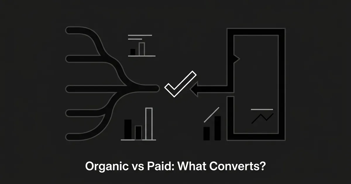 An abstract illustration in charcoal and white shows a branching path representing organic search and a bordered rectangular path representing a paid ad, both converging on a checkmark, with small bar-chart fragments alongside, under the cover line Organic vs Paid: What Converts.