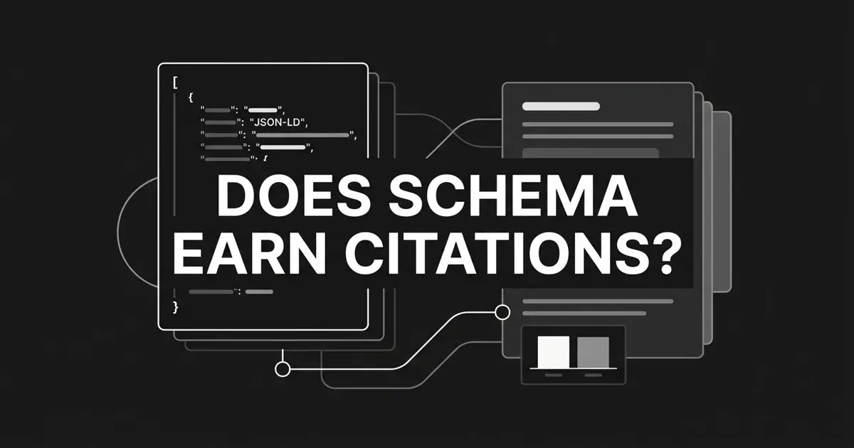 A monochrome abstract-geometric cover reading DOES SCHEMA EARN CITATIONS?, showing a JSON-LD code card connected by faint lines to stacked answer documents beside a two-bar comparison chart with almost no difference between the bars.