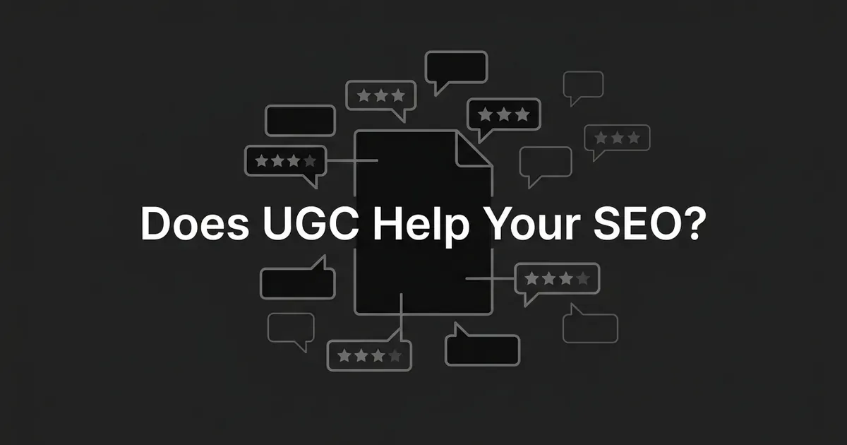 An abstract monochrome illustration of a document surrounded by speech-bubble and star-rating icons, some connected to the page and others floating apart, with the text Does UGC Help Your SEO?