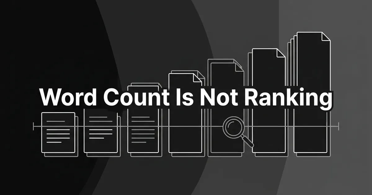 Row of document icons growing from short to tall with a magnifier over one, under the text Word Count Is Not Ranking.