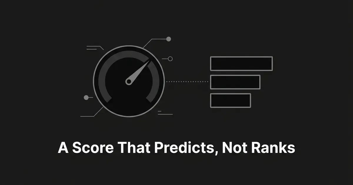 A monochrome illustration of a gauge dial with a needle, connected by a dotted line to a separate stack of ranked bars, showing a predictive score linked to but distinct from a ranking list.